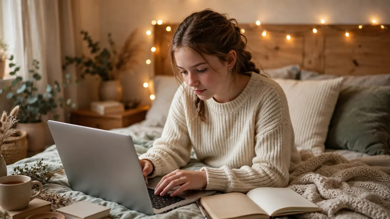 Teen writing a fiction ebook on a laptop for Kindle publishing