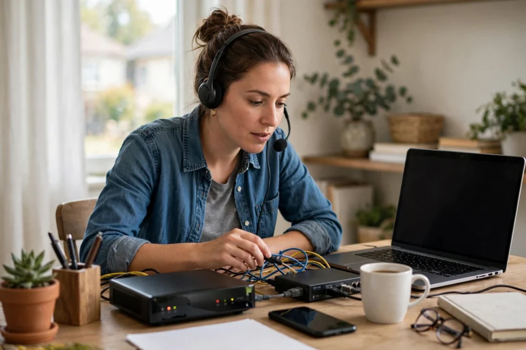Remote telecom agent troubleshooting internet service with a customer