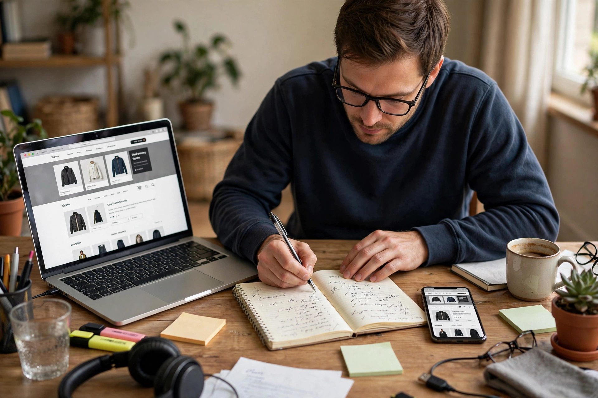 Person testing a website on a laptop wearing headphones