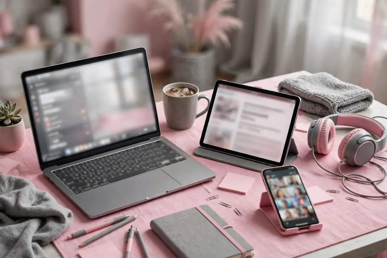 Freelancer desk with laptop, phone, tablet, and headphones in a multitasking setup