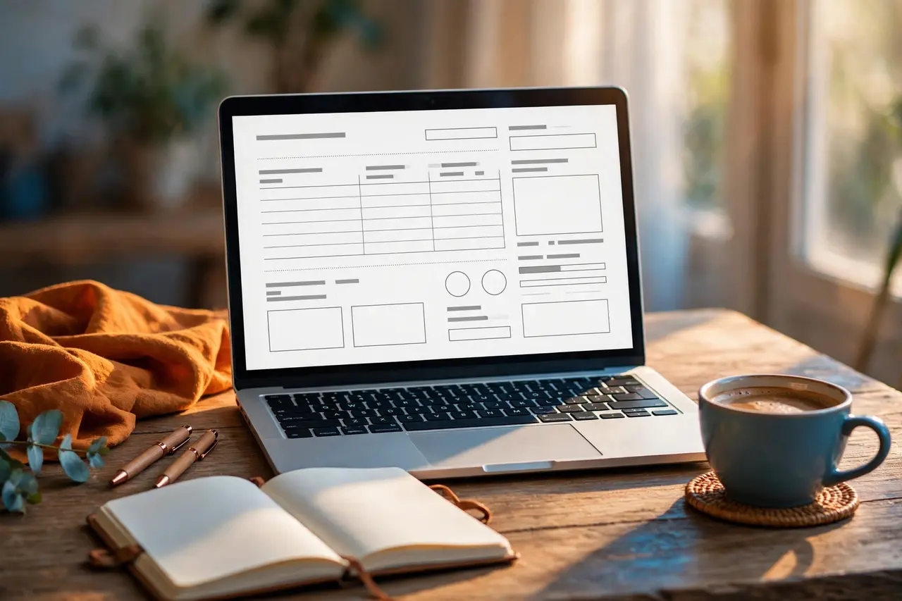 Freelancer desk with a laptop showing an invoice, coffee cup, and notebook in warm natural light