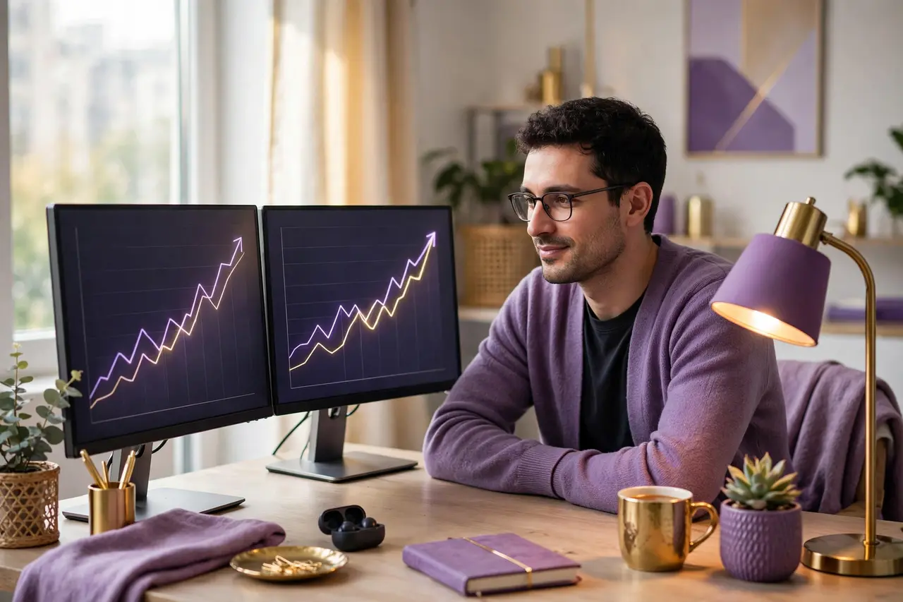 Freelancer at a home office desk with monitors showing upward trending graphs