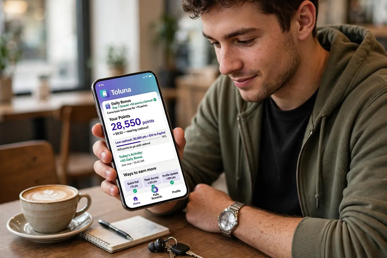 Person earning Toluna daily bonus points toward low cashout