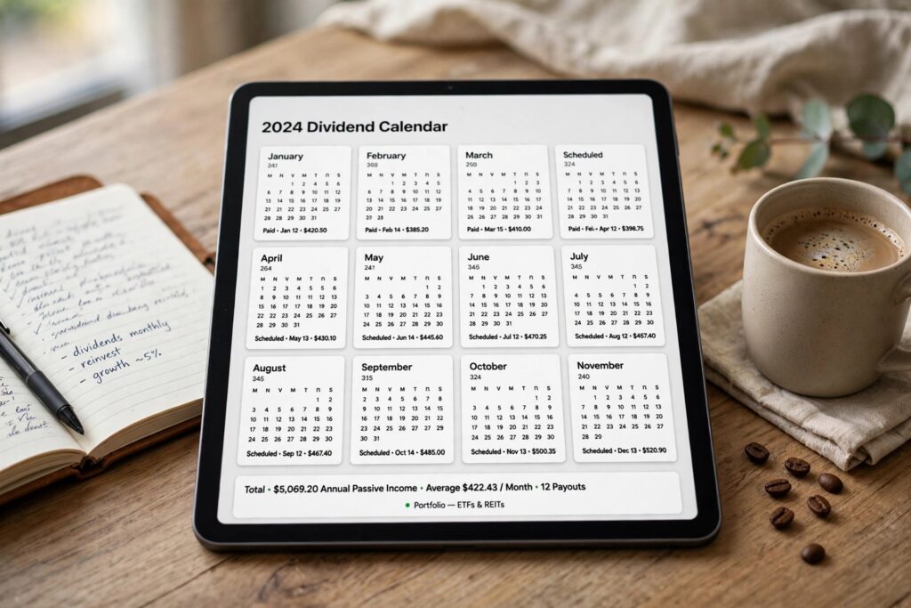 Dividend calendar tracking monthly passive income payouts