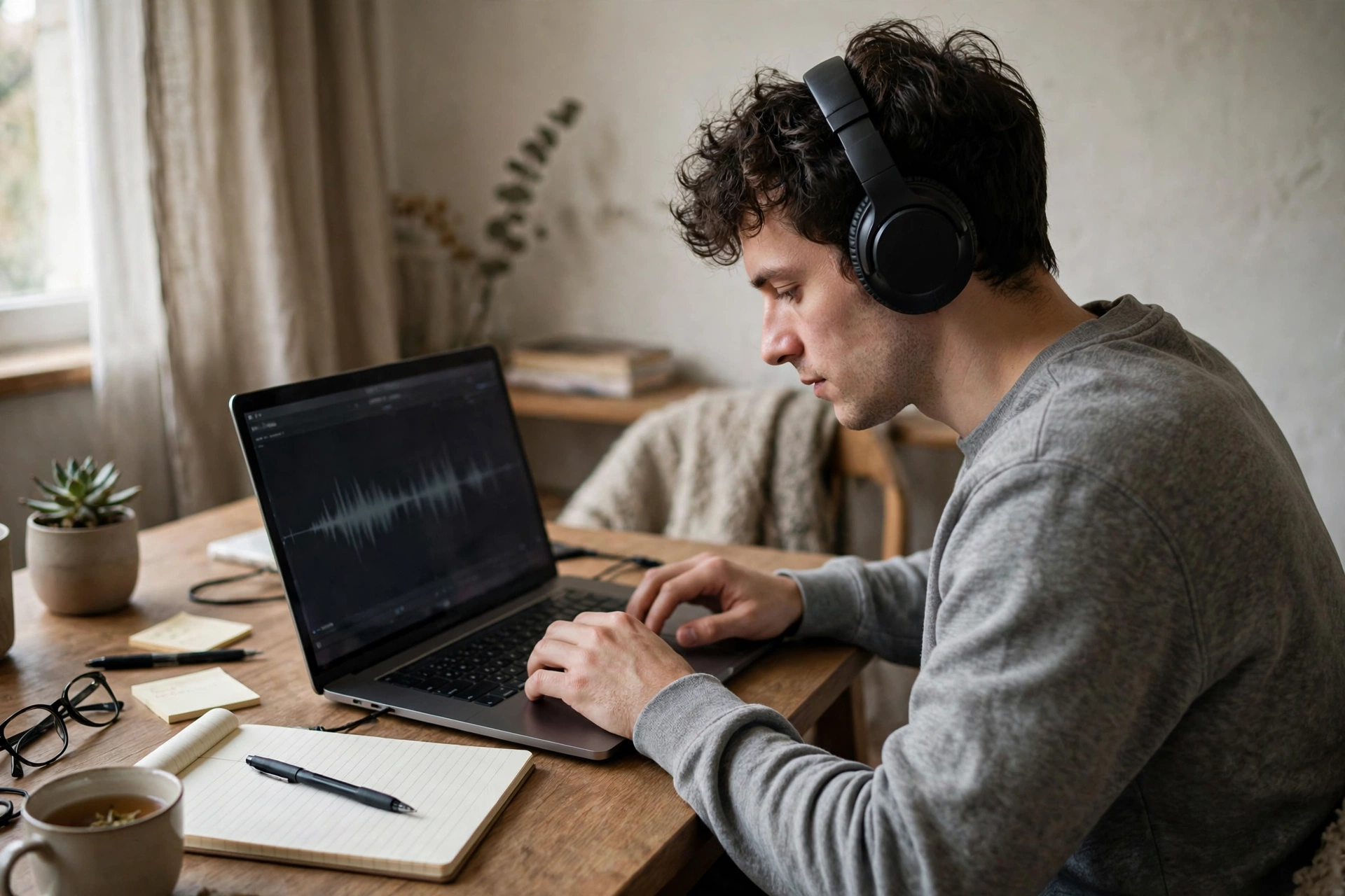 Person transcribing audio with headphones at a desk