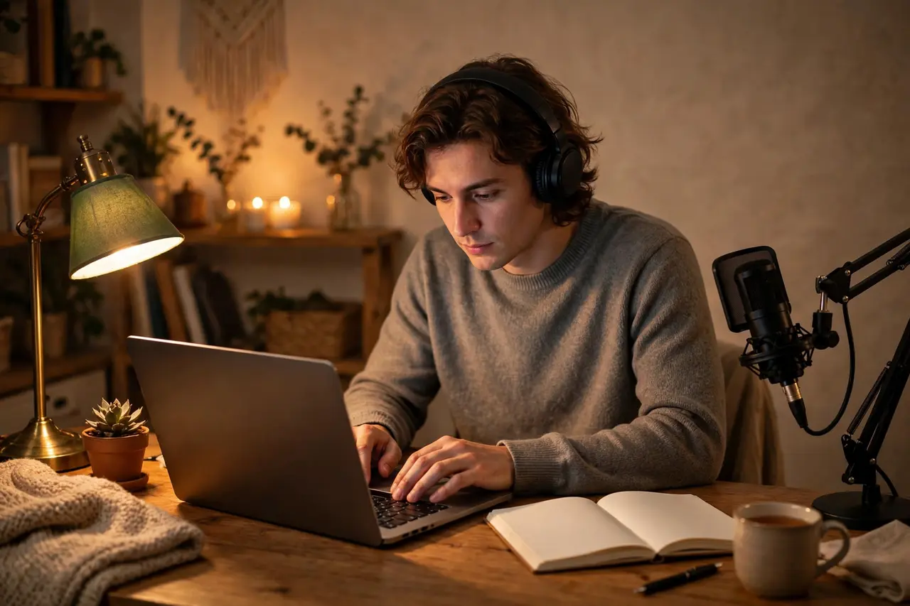 Freelancer transcribing a podcast episode with headphones at home