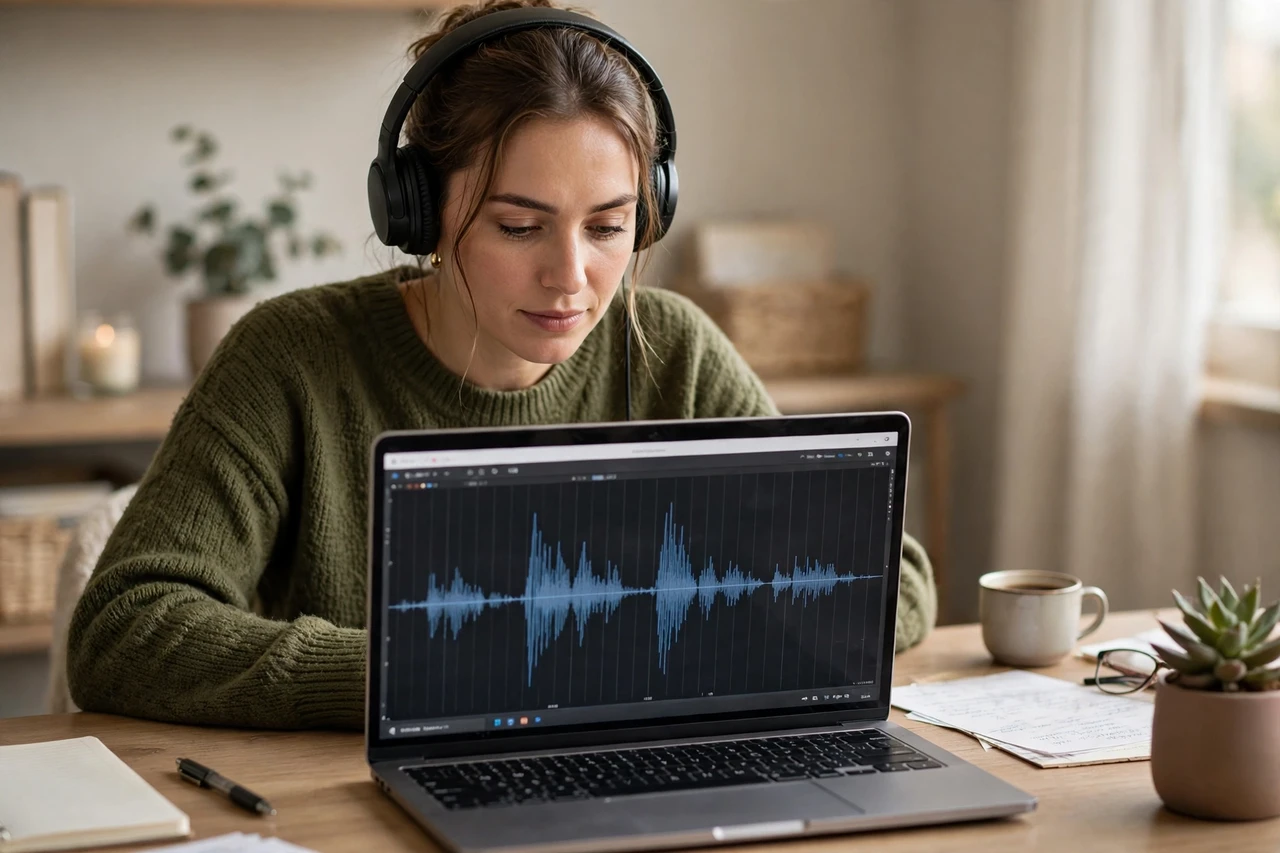 Transcriptionist with headphones converting audio to text on a laptop
