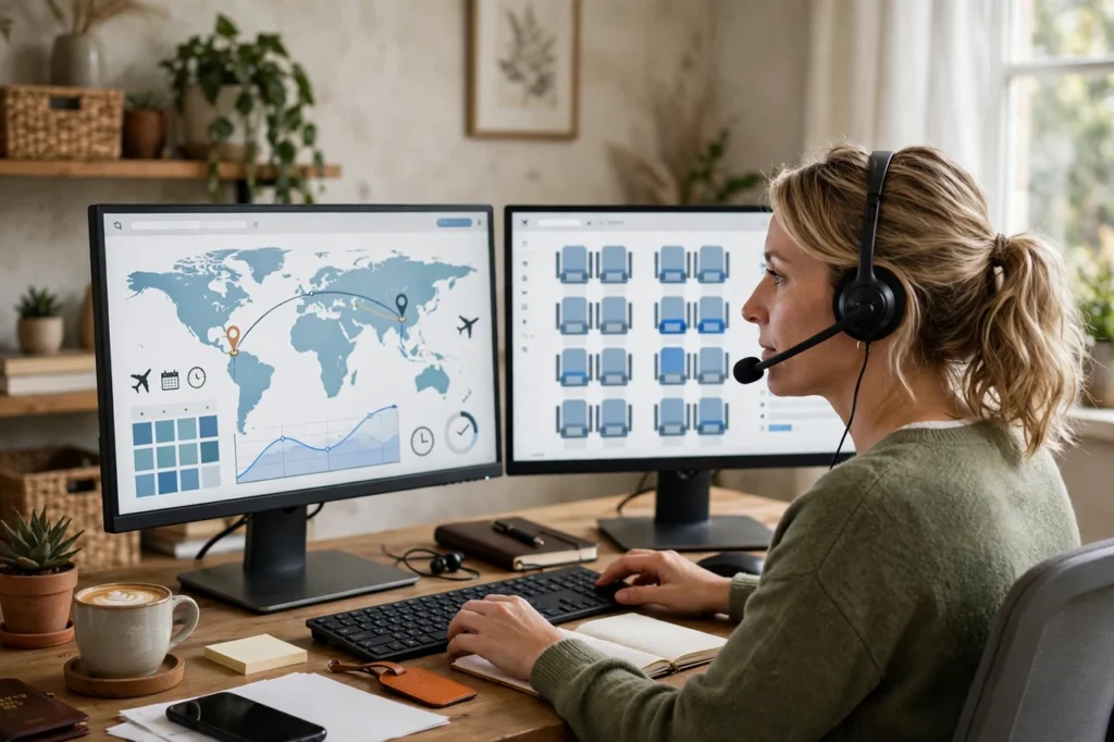Remote travel agent rebooking flights for a customer on dual screens