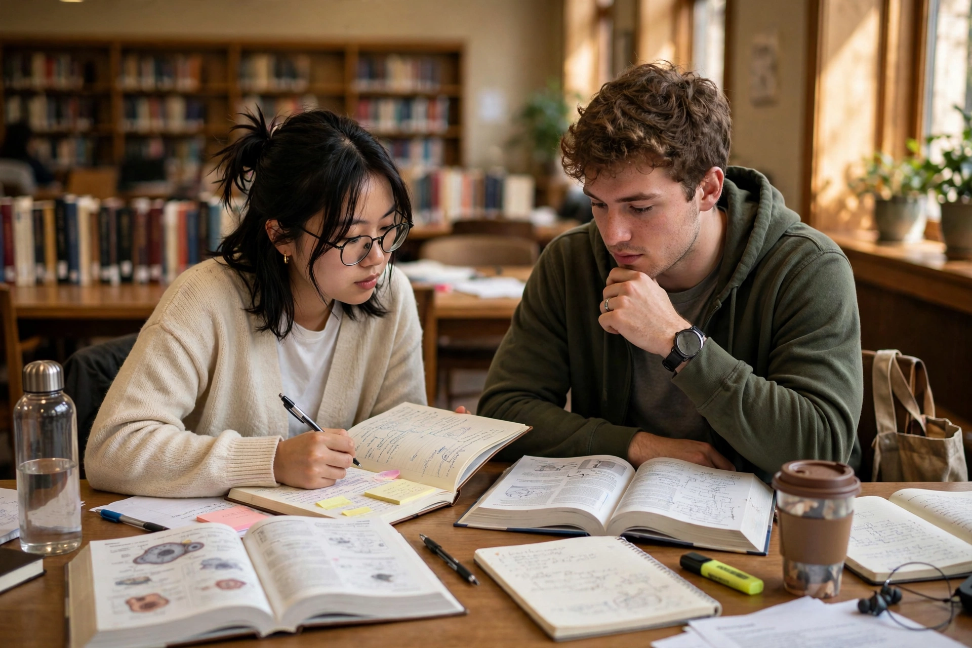 Two college students studying together with textbooks in a library