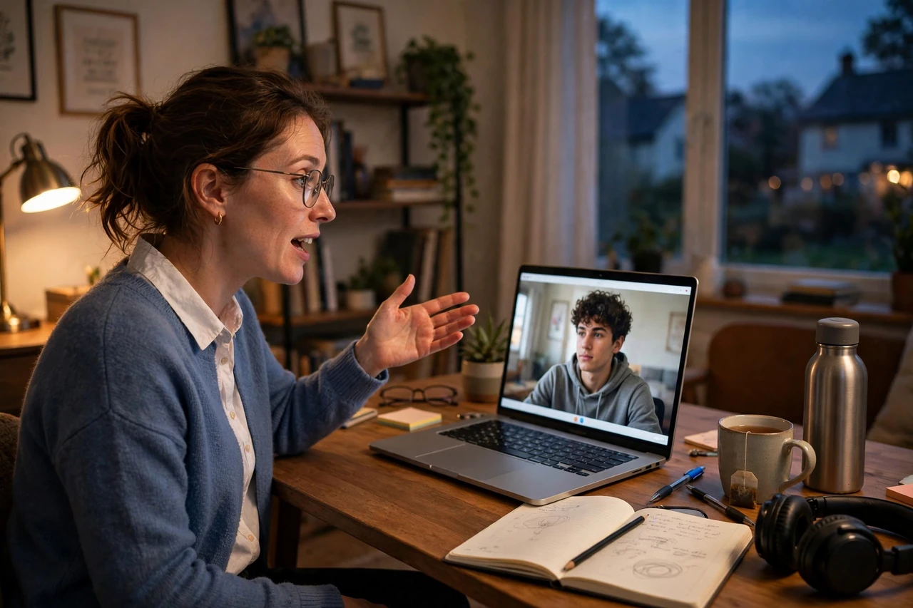 Office worker tutoring a student over video call from a home office in the evening