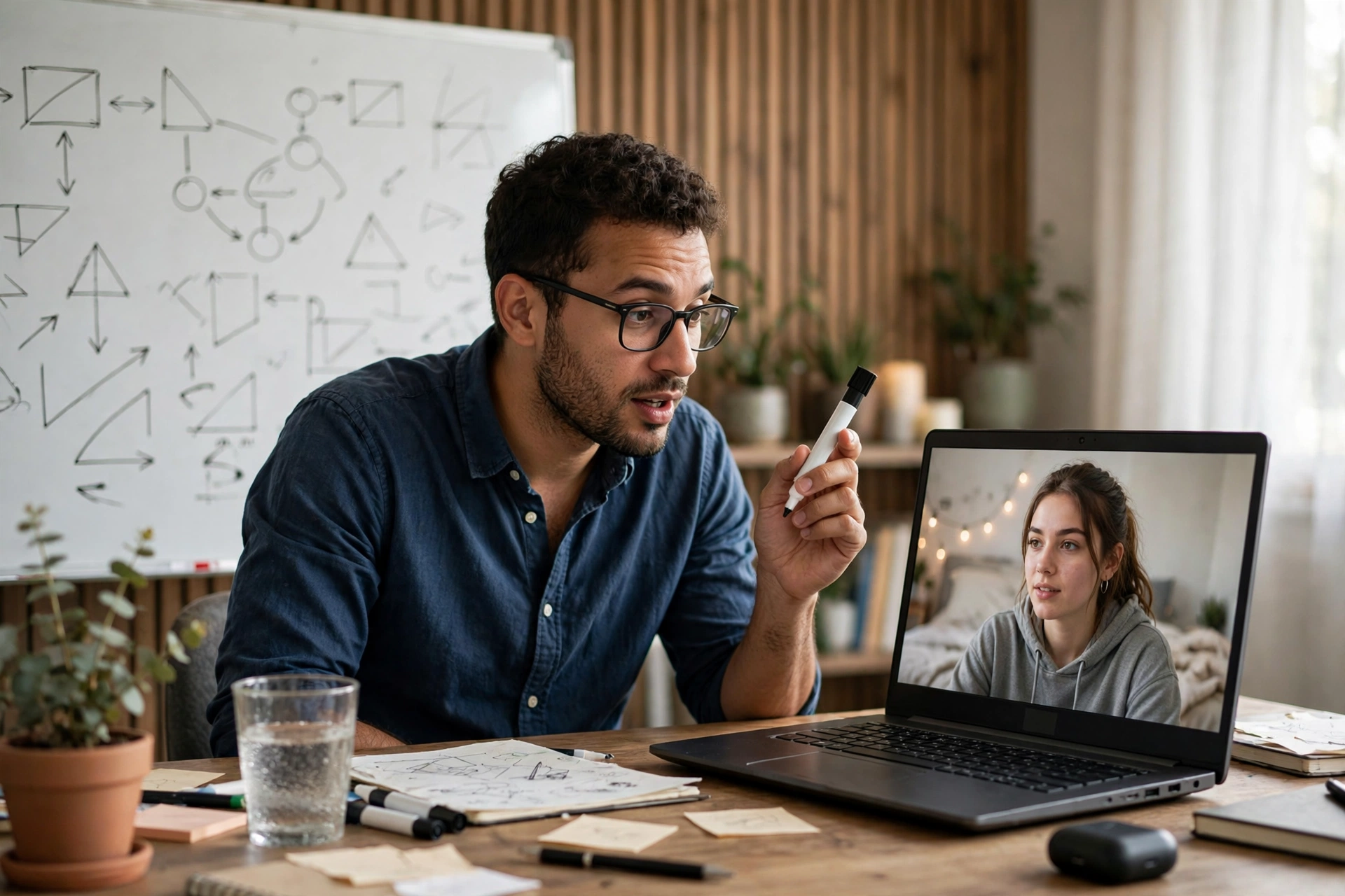 Tutor teaching a student over a video call with a whiteboard