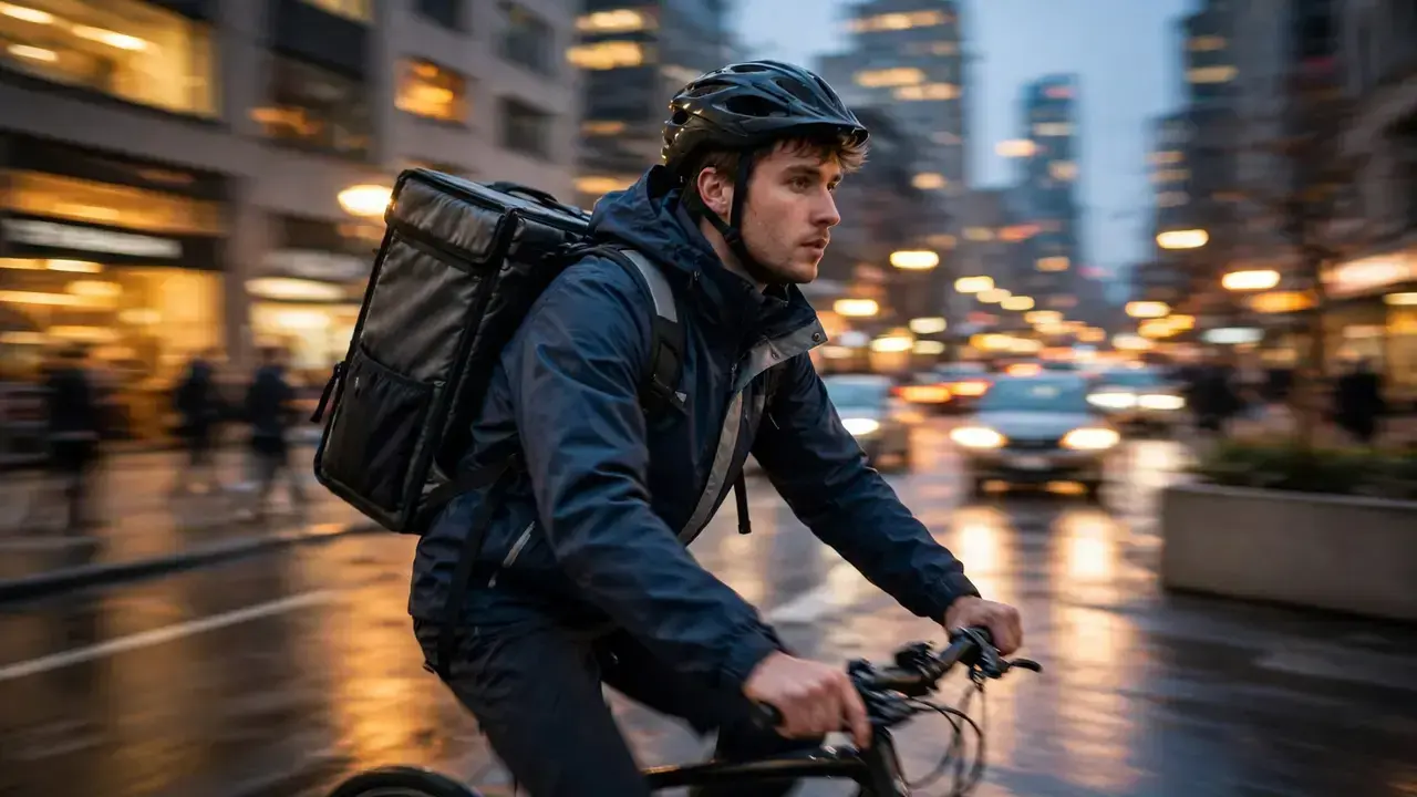 Uber Eats driver on a bike with an insulated delivery backpack in a city