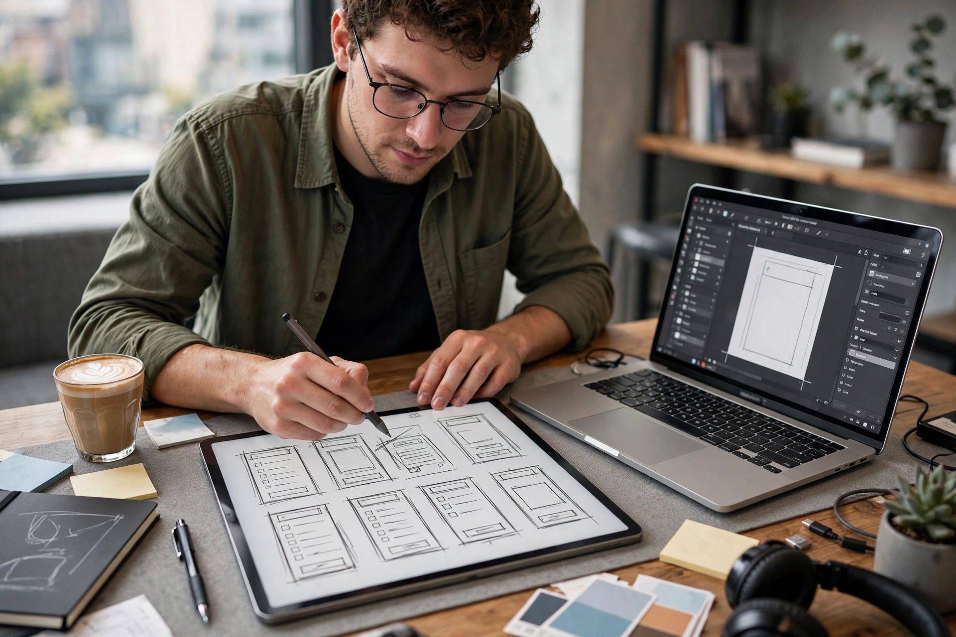UX designer wireframing app interfaces on a tablet and laptop