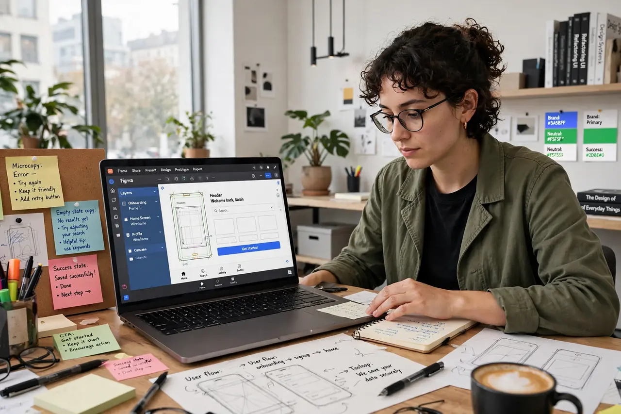 UX writer crafting app interface microcopy and button text on a design screen