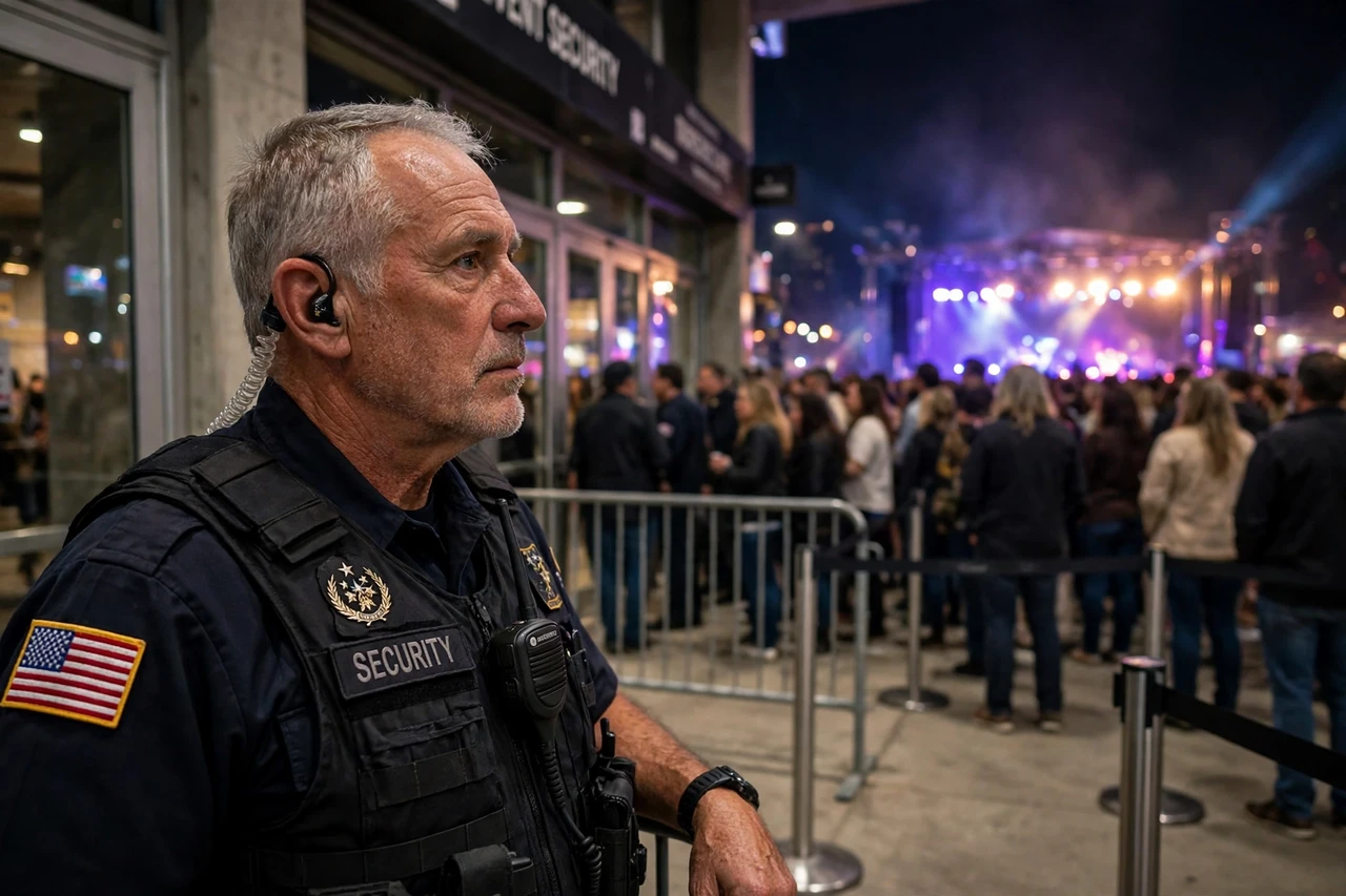 Veteran working event security at an outdoor concert venue