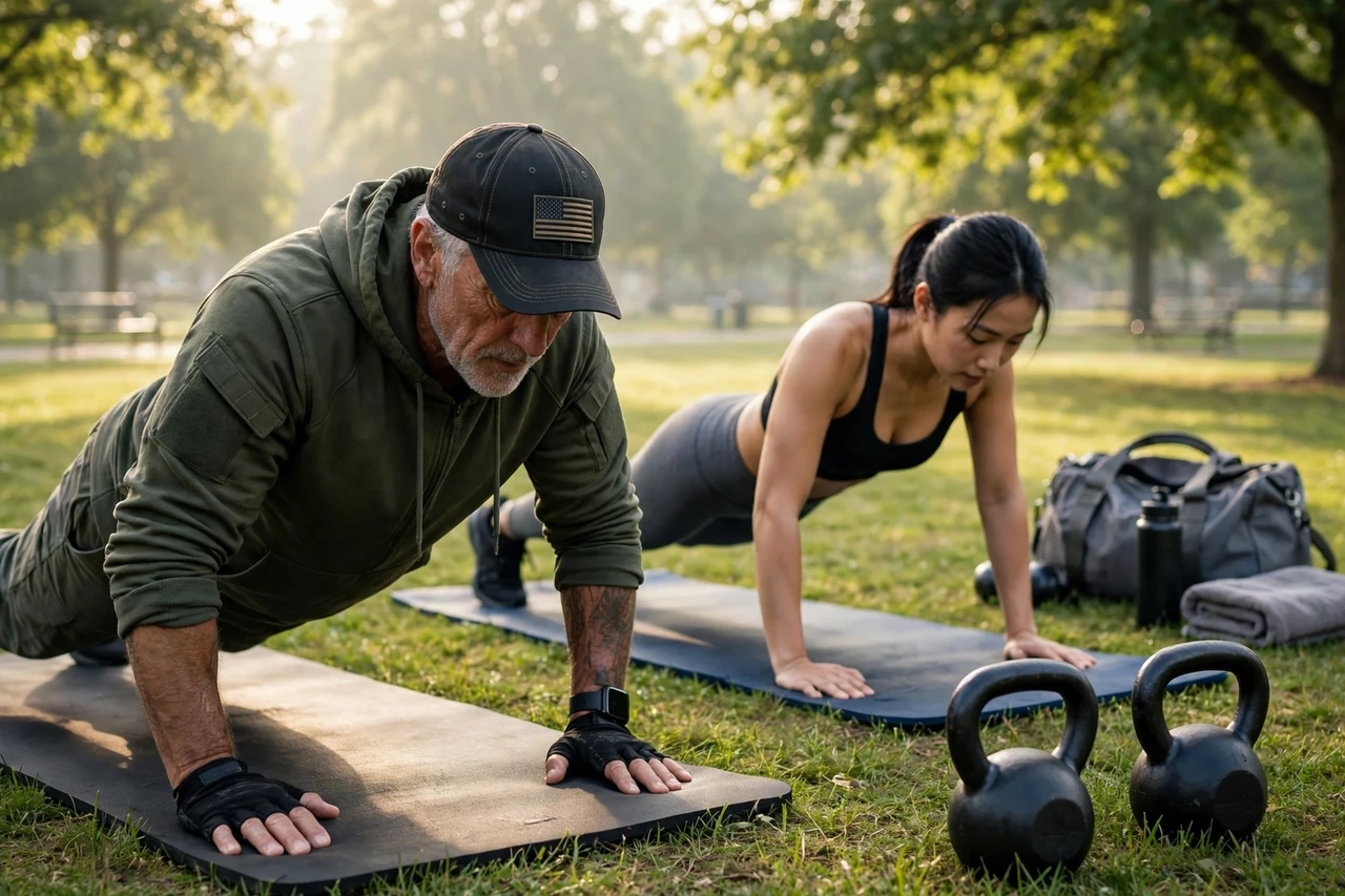 Veteran fitness coach leading an outdoor workout session with clients