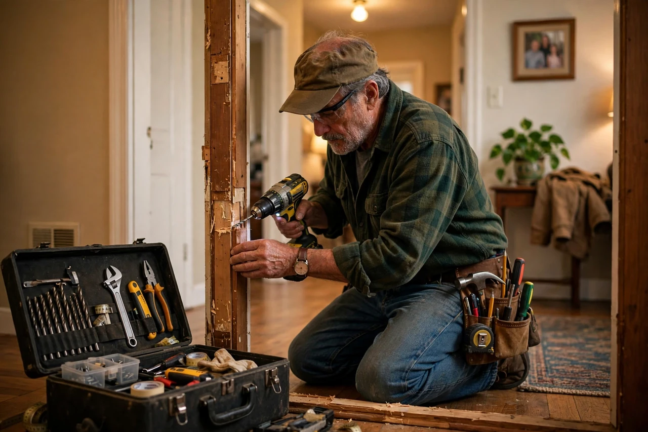 Veteran handyman installing a shelf in a customer's home