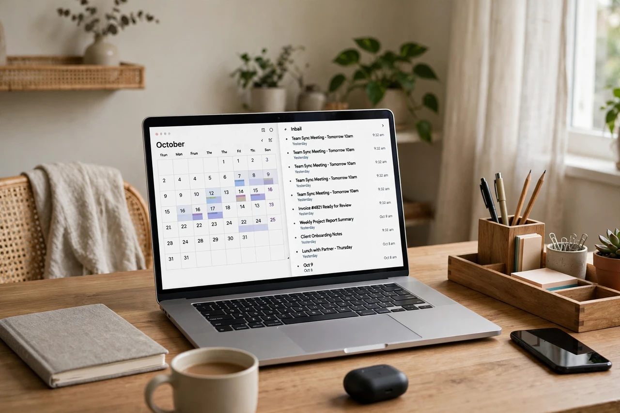 Virtual assistant organizing a digital calendar on a tablet from a comfortable home workspace