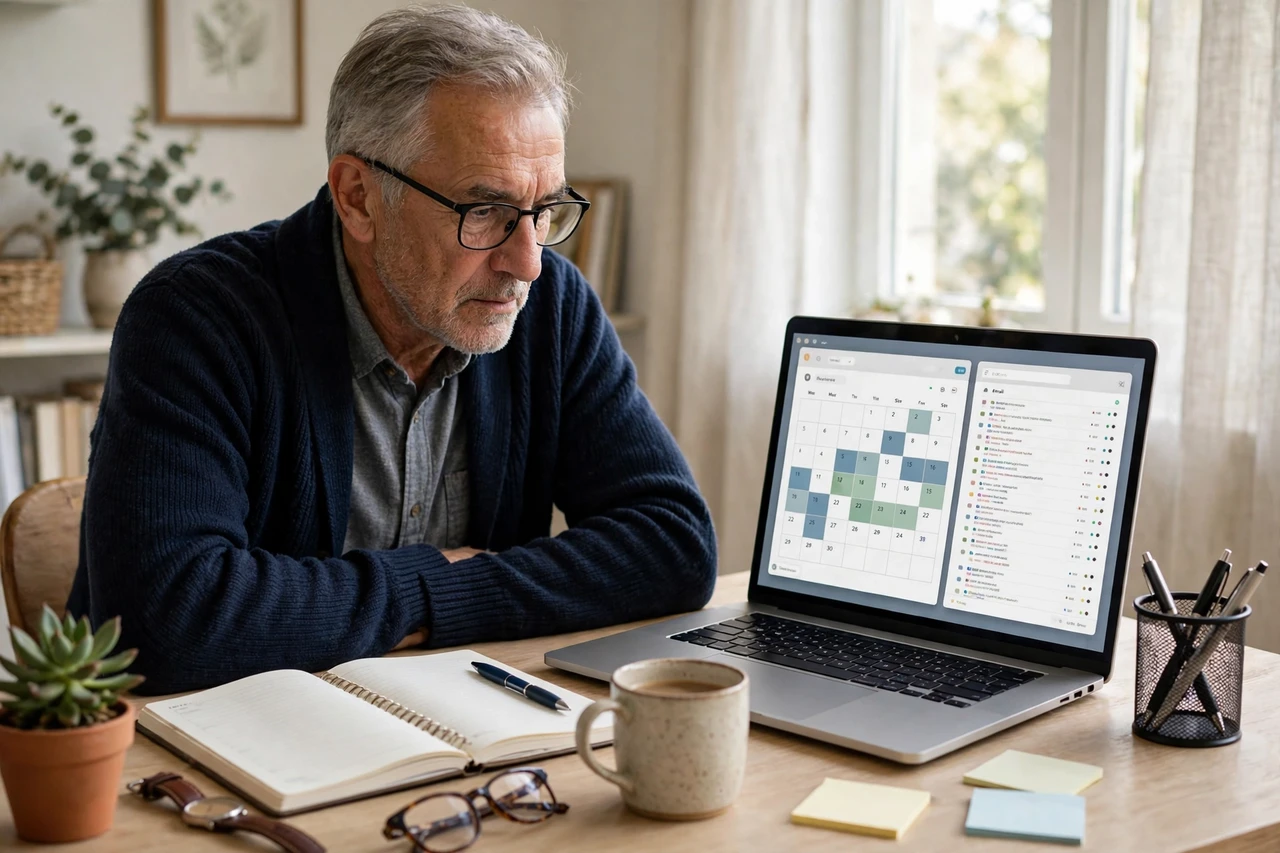 Veteran virtual assistant managing an executive calendar on a laptop