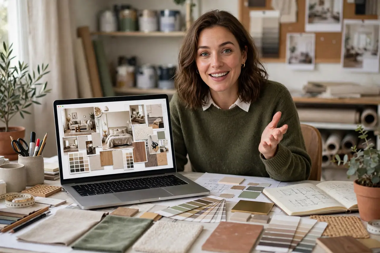 Designer presenting a virtual room mood board on video call