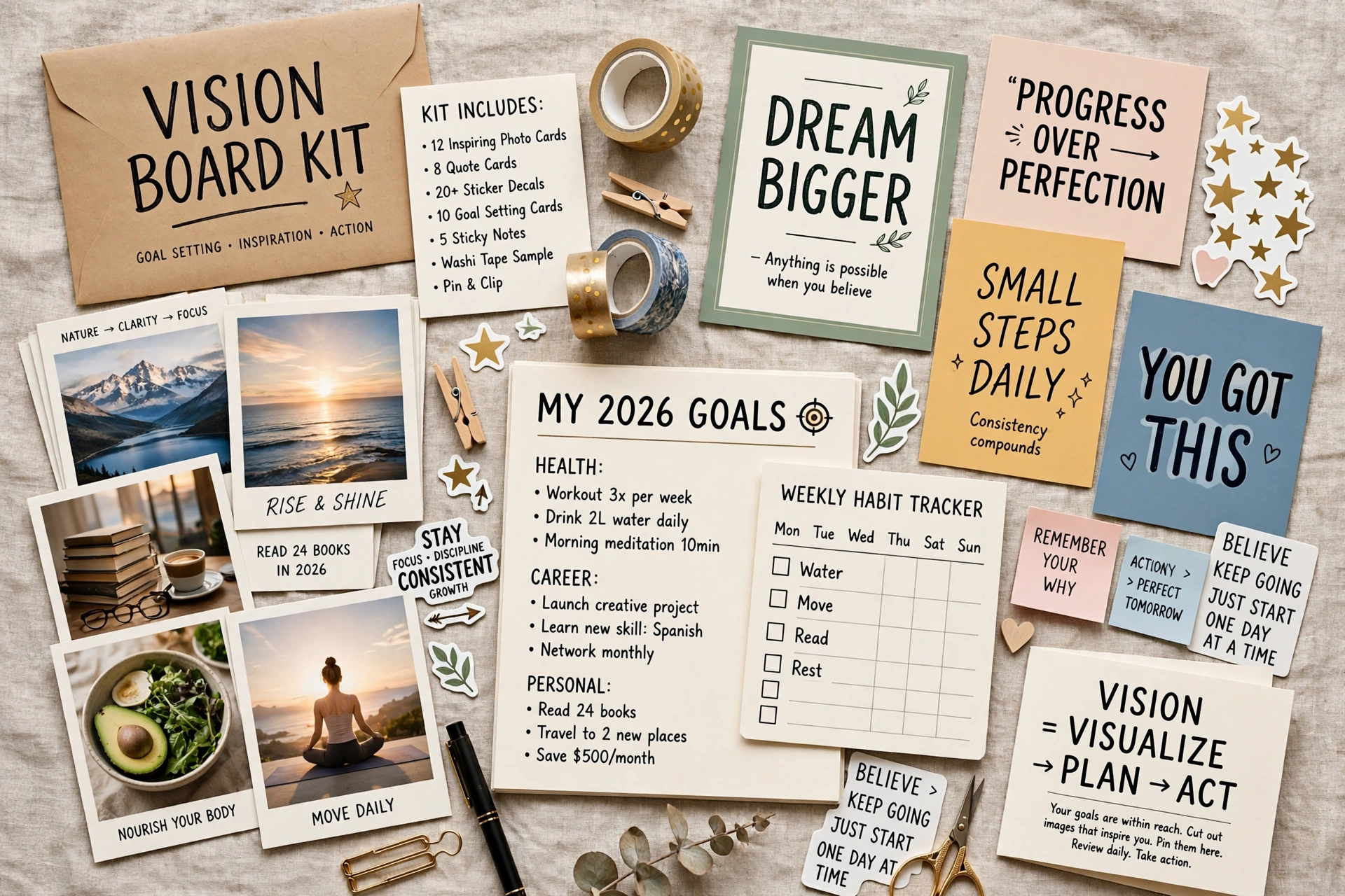 Vision board kit with inspirational images words and affirmations to cut out
