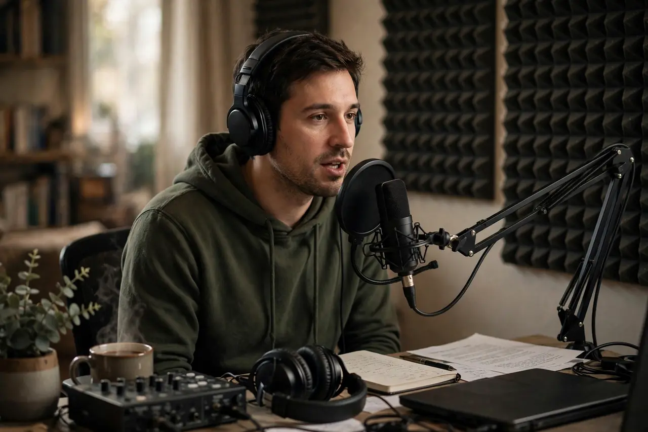 Voice actor recording audiobook narration in a home studio