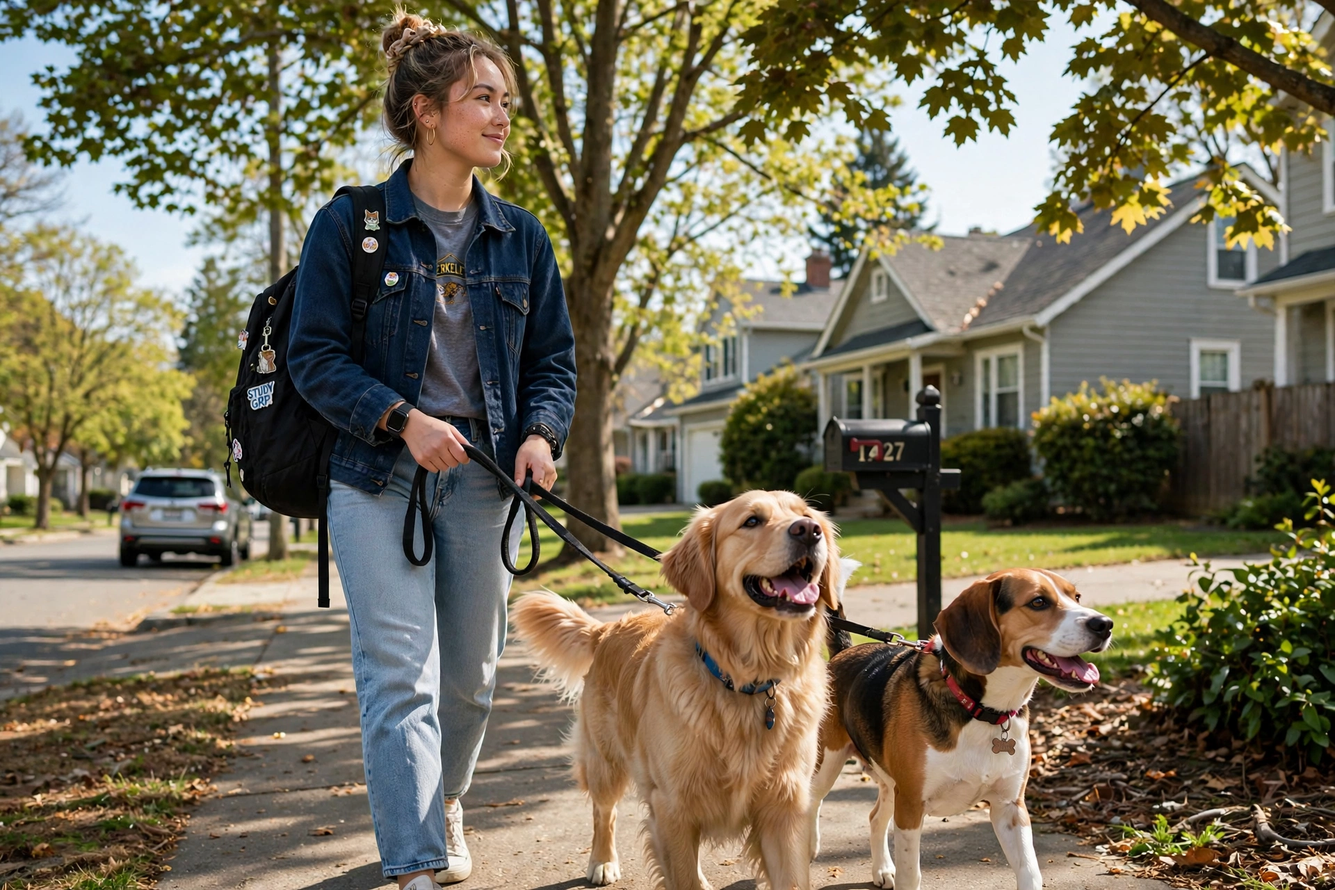 Student walking two dogs on leashes through a neighborhood