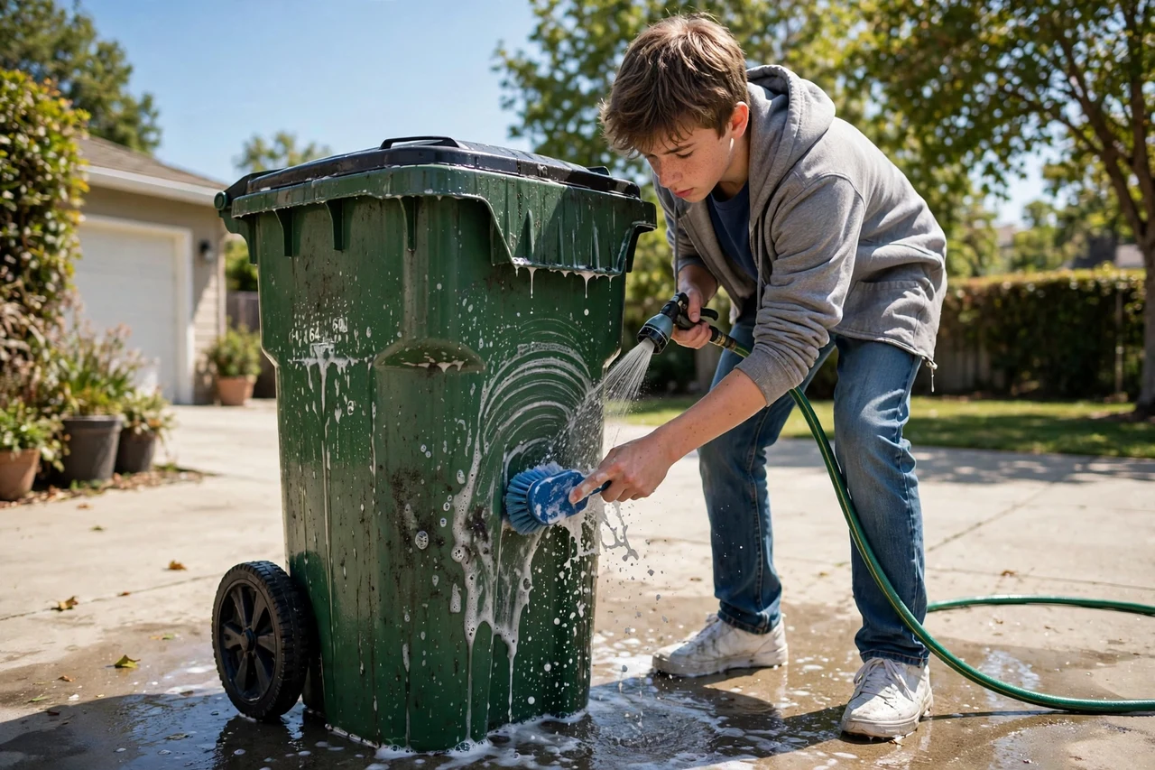 Teen scrubbing a trash bin with a brush in a sunny driveway