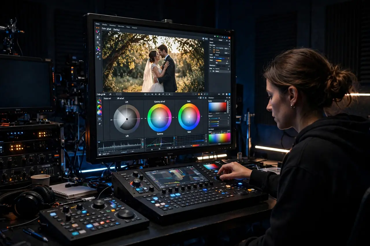 Cinematic wedding highlight reel with AI color grading