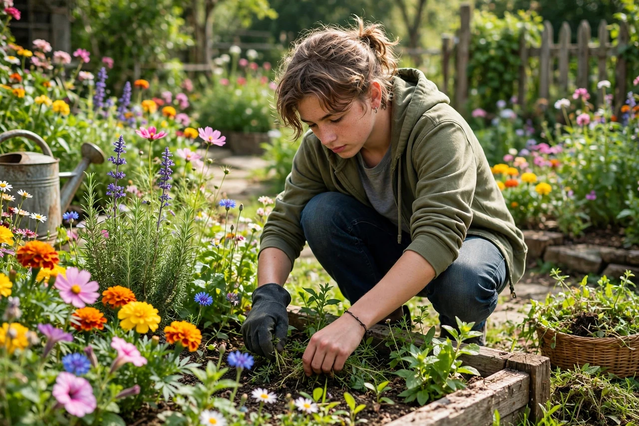 Teen weeding a vibrant flower garden on a bright morning