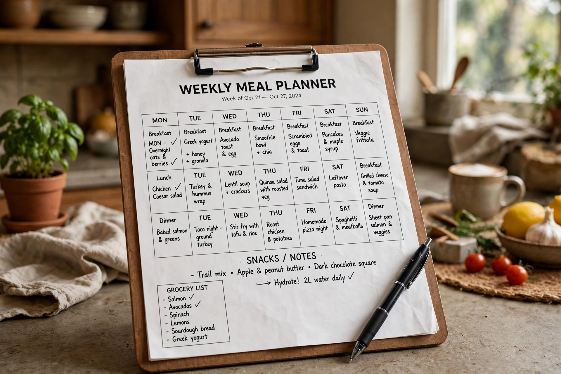Weekly meal planner printable sheet with breakfast lunch dinner sections