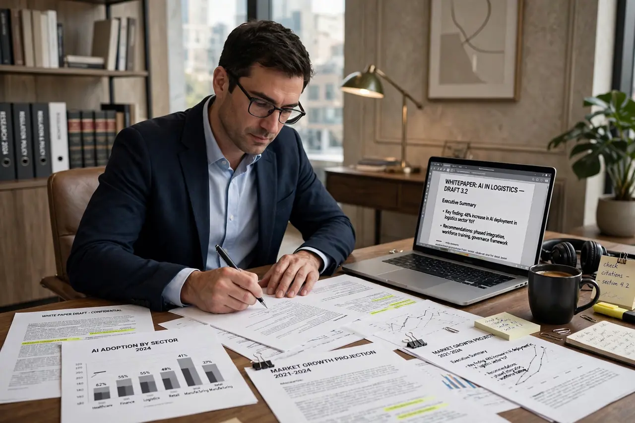 Professional writing a B2B white paper report with research documents spread out