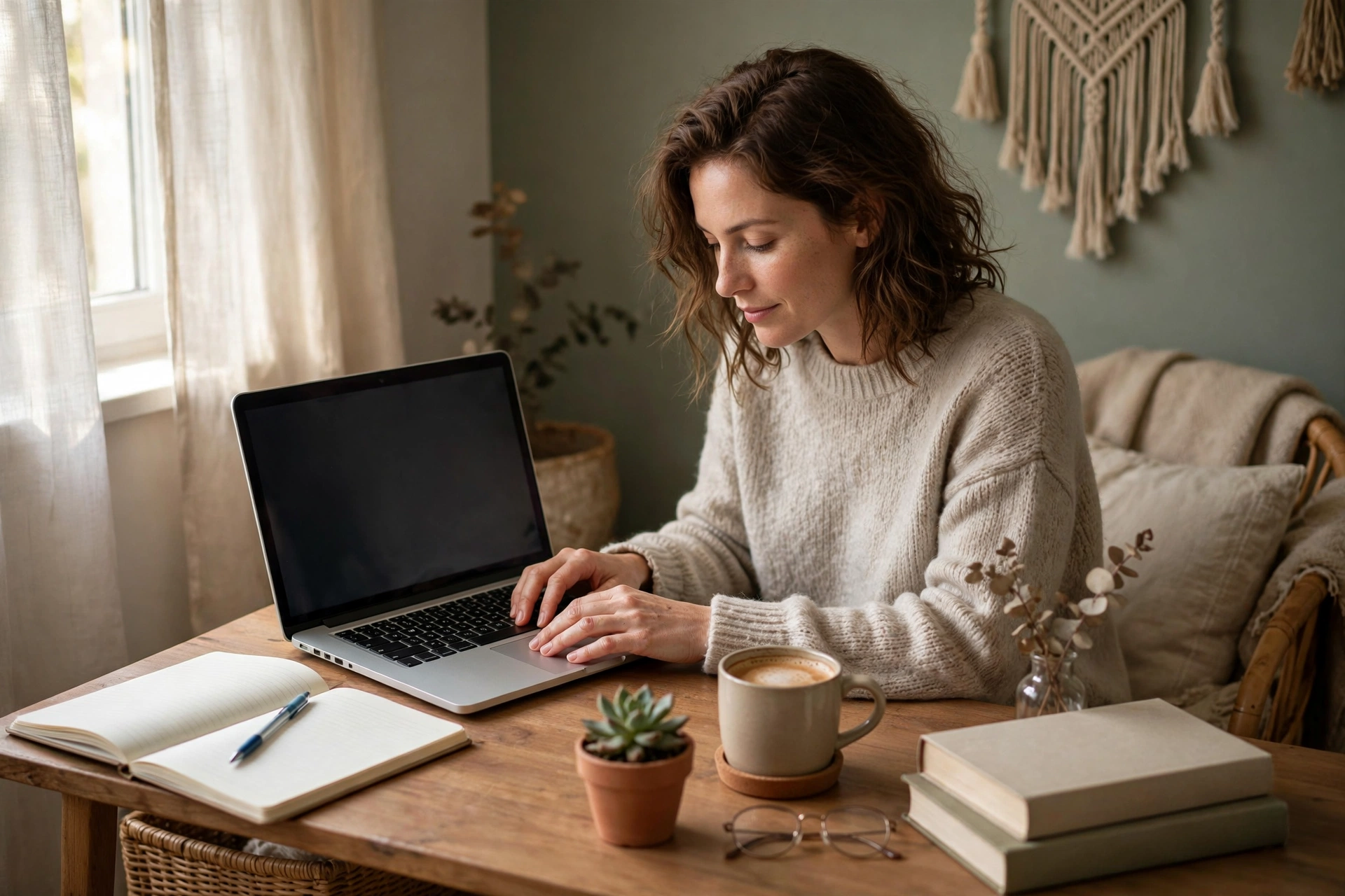 Writer typing on a laptop in a quiet home office