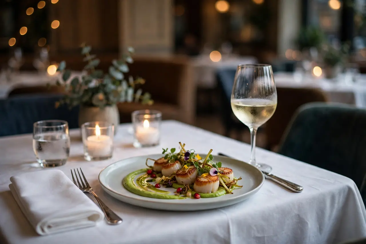 Freelance writer drafting upscale restaurant menu descriptions on a laptop next to an elegant plated dish