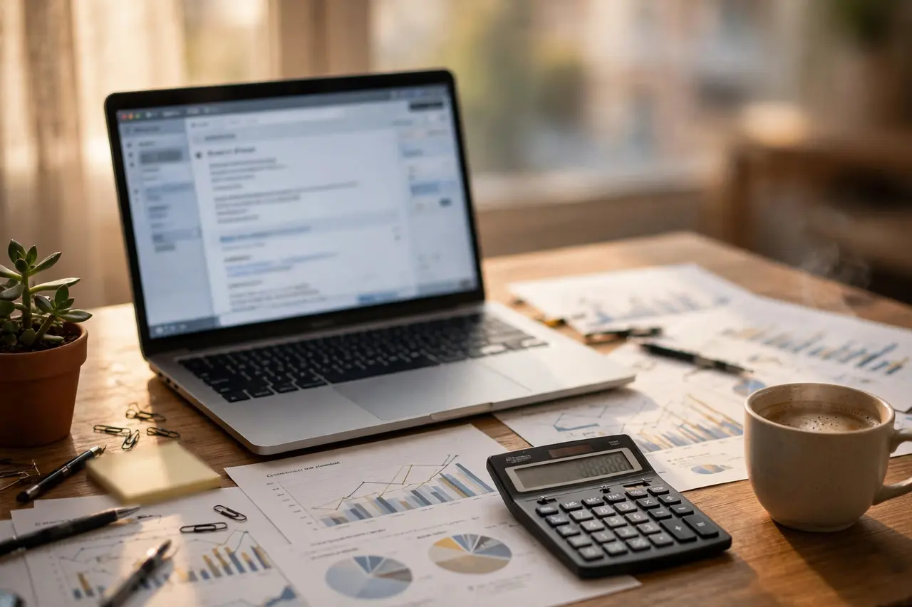 Financial advisor newsletter draft on a laptop with charts and graphs