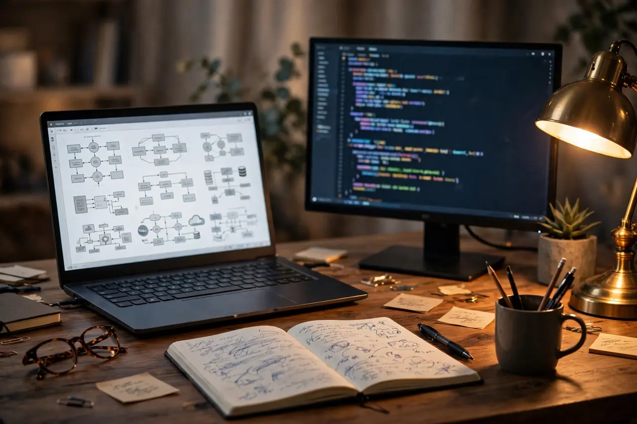 Freelance technical writer creating documentation for software on a laptop