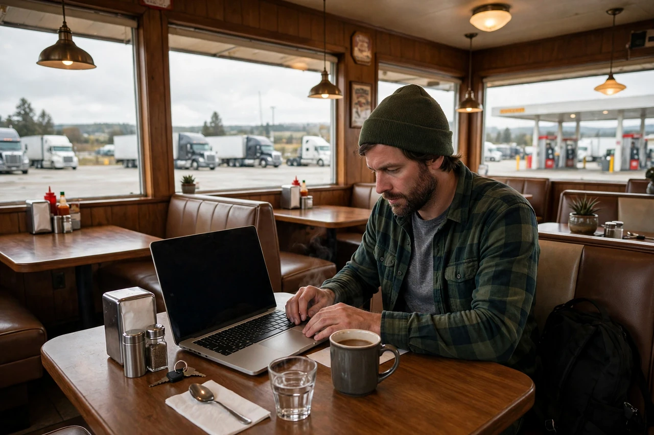 Truck driver writing a trucking guide ebook on a laptop at a truck stop diner