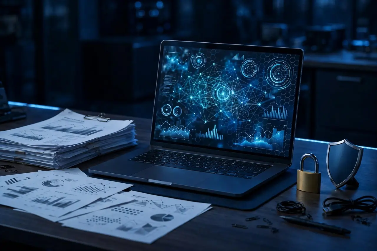 Cybersecurity white paper draft with technical diagrams on a desk