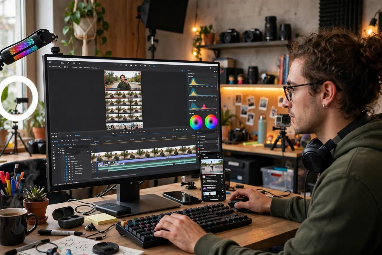 Freelancer editing YouTube Shorts for a busy creator