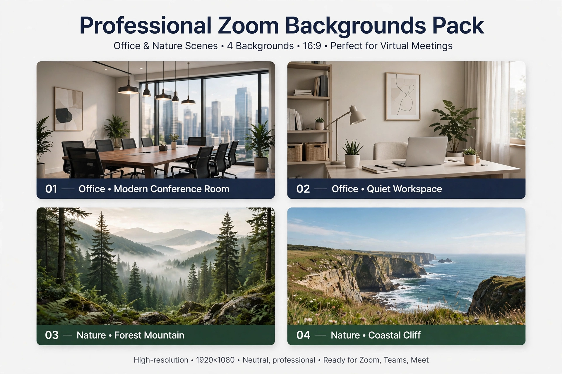 Professional Zoom virtual background pack for video calls